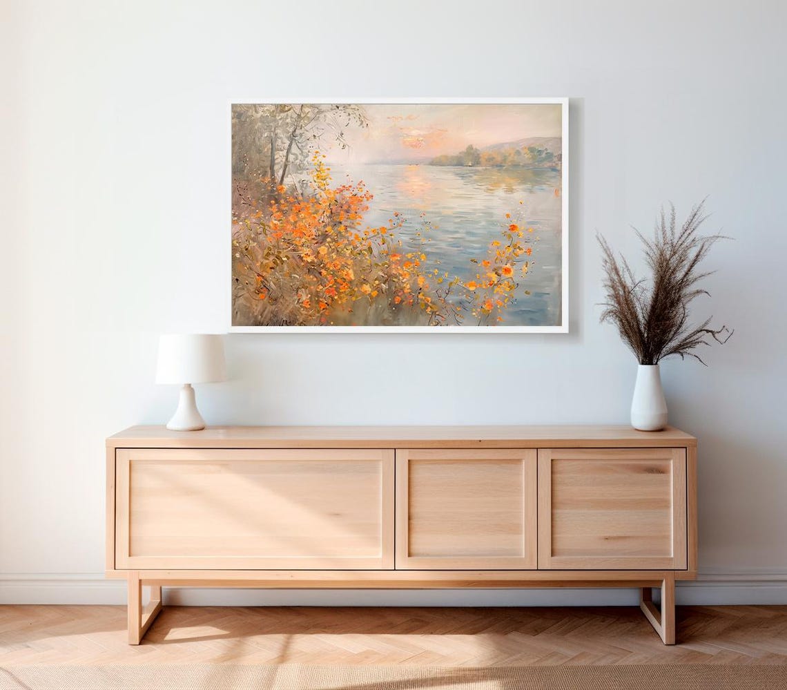 Autumn Wildflowers by the River Sunset Vintage Landscape Poster - Image 2