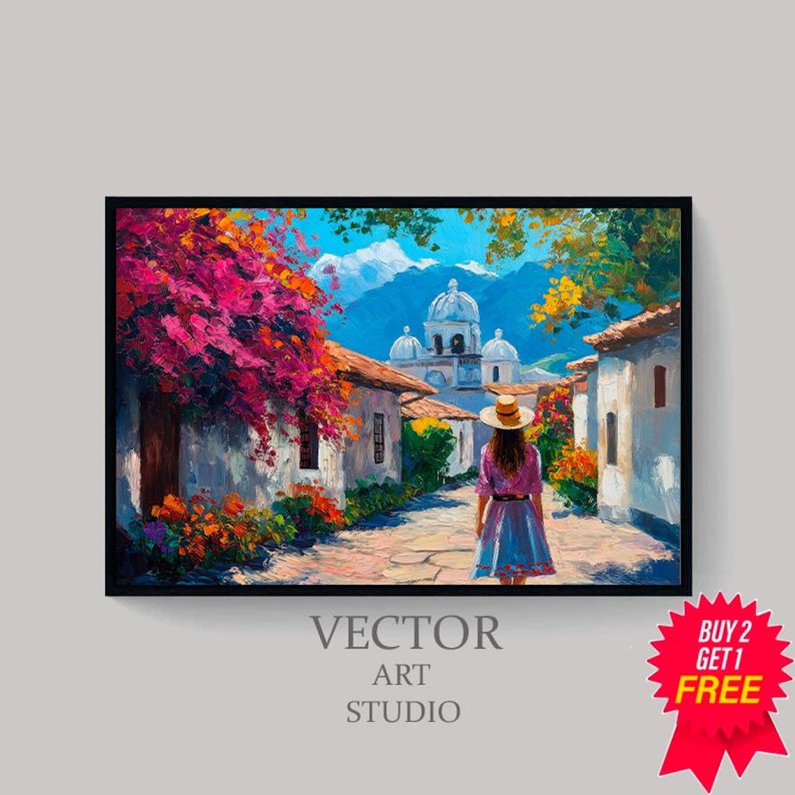 Colorful Mexican Village Street With Church Vibrant Folk Art Poster - Image 4