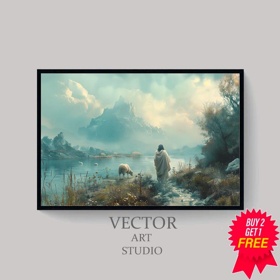 Jesus and a Sheep Gazing Across a Misty Mountain Lake Poster - Image 4