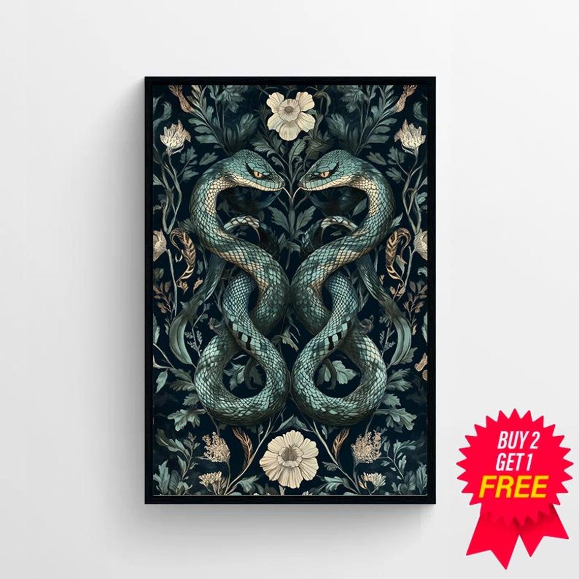Mirrored Pair Of Green Snakes Dark Botanical Damask Style Poster - Image 4