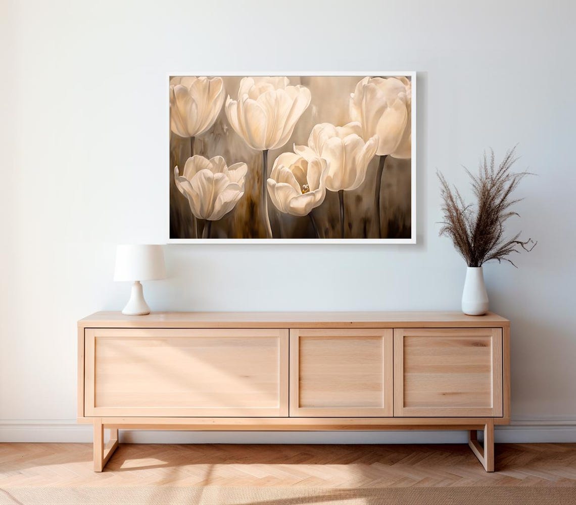 Cream Tulips In Soft Oil Paint Neutral Floral Vintage Poster - Image 2