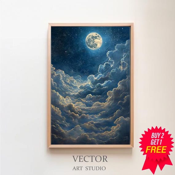 Enchanting Moon Art Print Vintage Inspired Dark Academia Dark Cottagecore Celestial Art Print Night Sky Painting