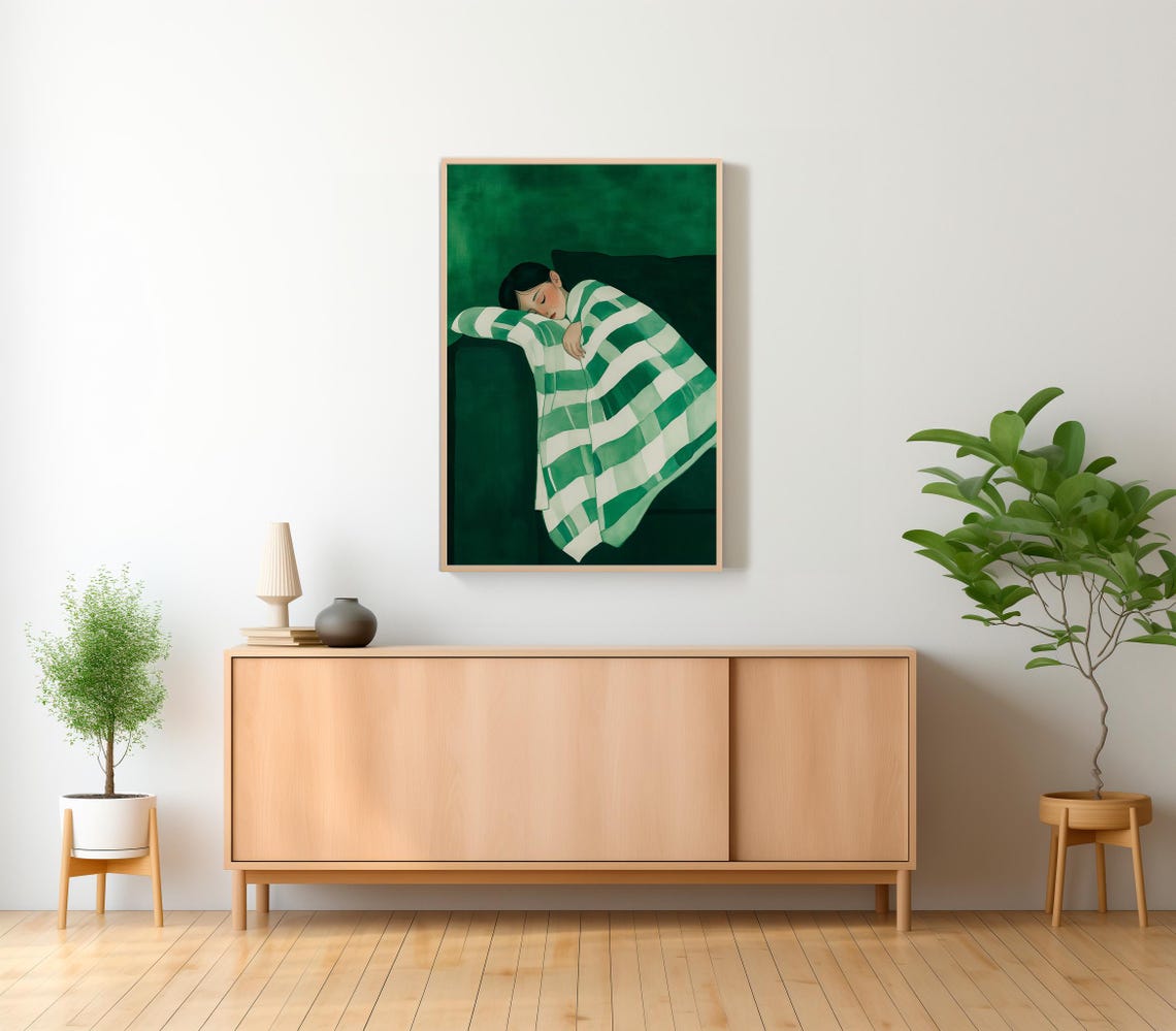 Sleeping Woman Emerald Green Stripe Blanket Couch Art Poster - Image 2