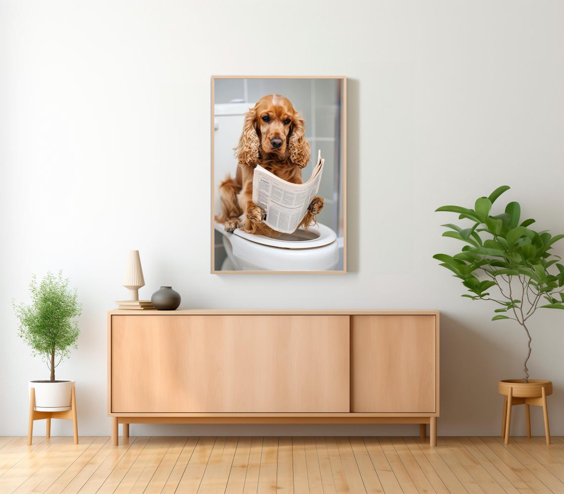 Cocker Spaniel Reading Newspaper on Toilet Funny Dog Bathroom Poster - Image 2