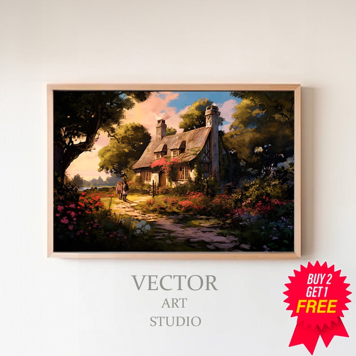 Thatched Cottage at Sunset Surrounded by Roses and Stone Path Poster