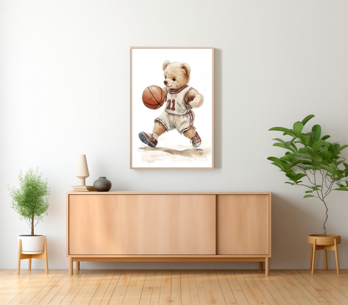 Teddy Bear Basketball Player Number 11 Watercolor Nursery Poster - Image 2