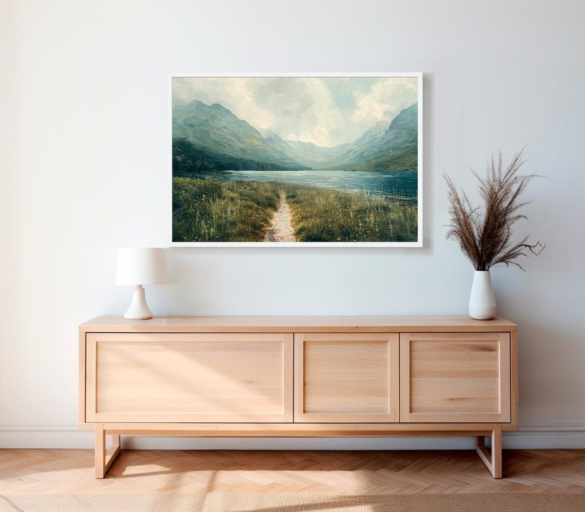 Serene Nature Scene Wall Art Artwork Perfect For Home Refresh Vintage Landscape Majestic Mountain Lake View Artwork - Image 2