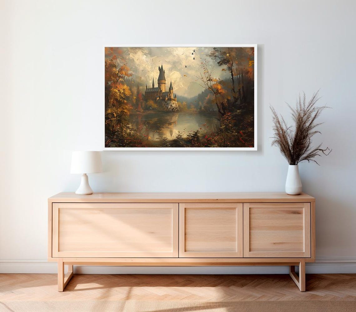 Golden Autumn Haze Over Wizard Castle Lake Fantasy Art Print - Image 2