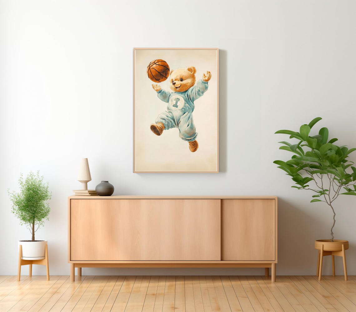 Teddy Bear in Blue Pajamas Number 1 Tossing a Basketball Poster - Image 2