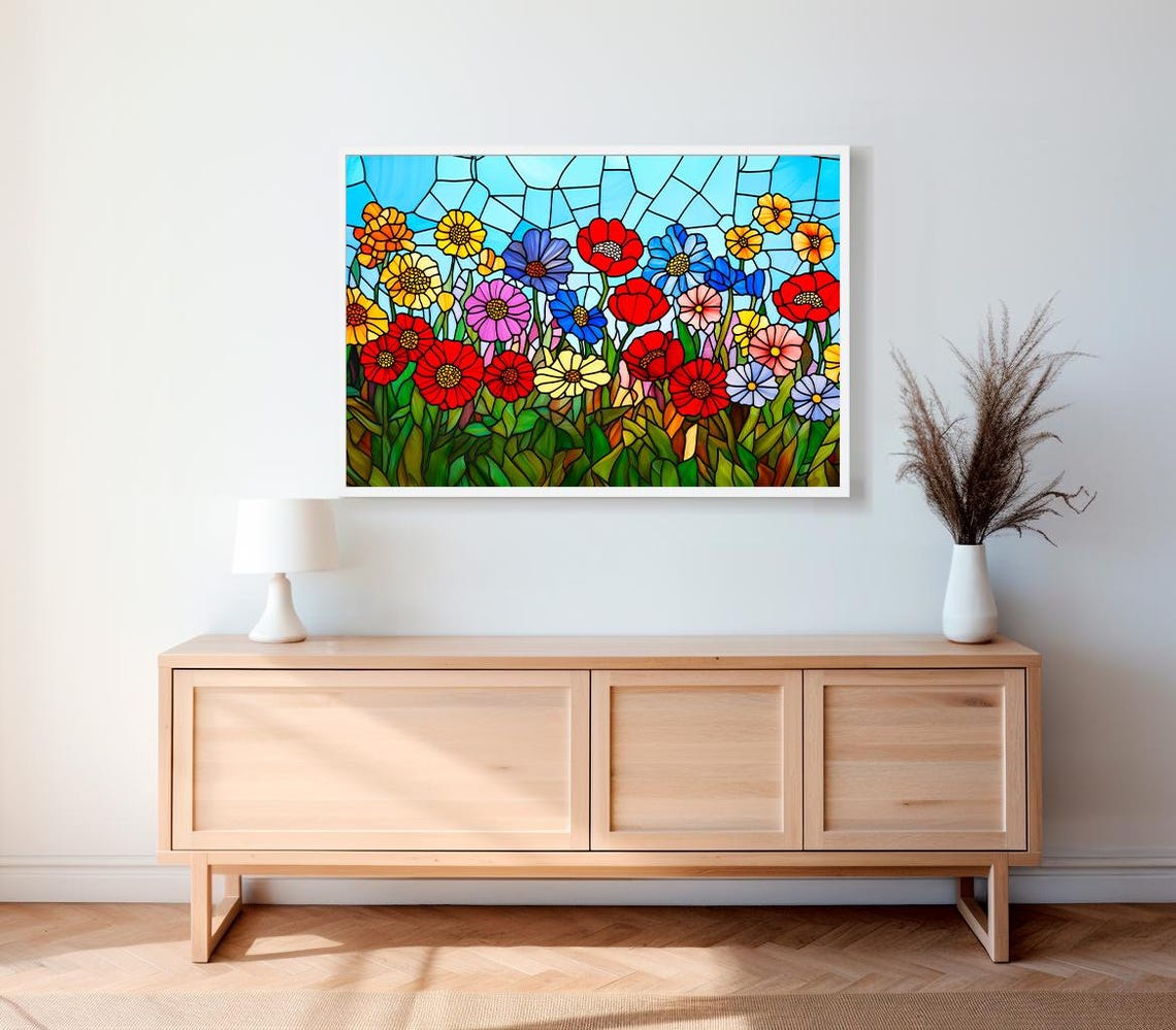 Stained Glass Wildflower Meadow Under Blue Sky Floral Poster - Image 2