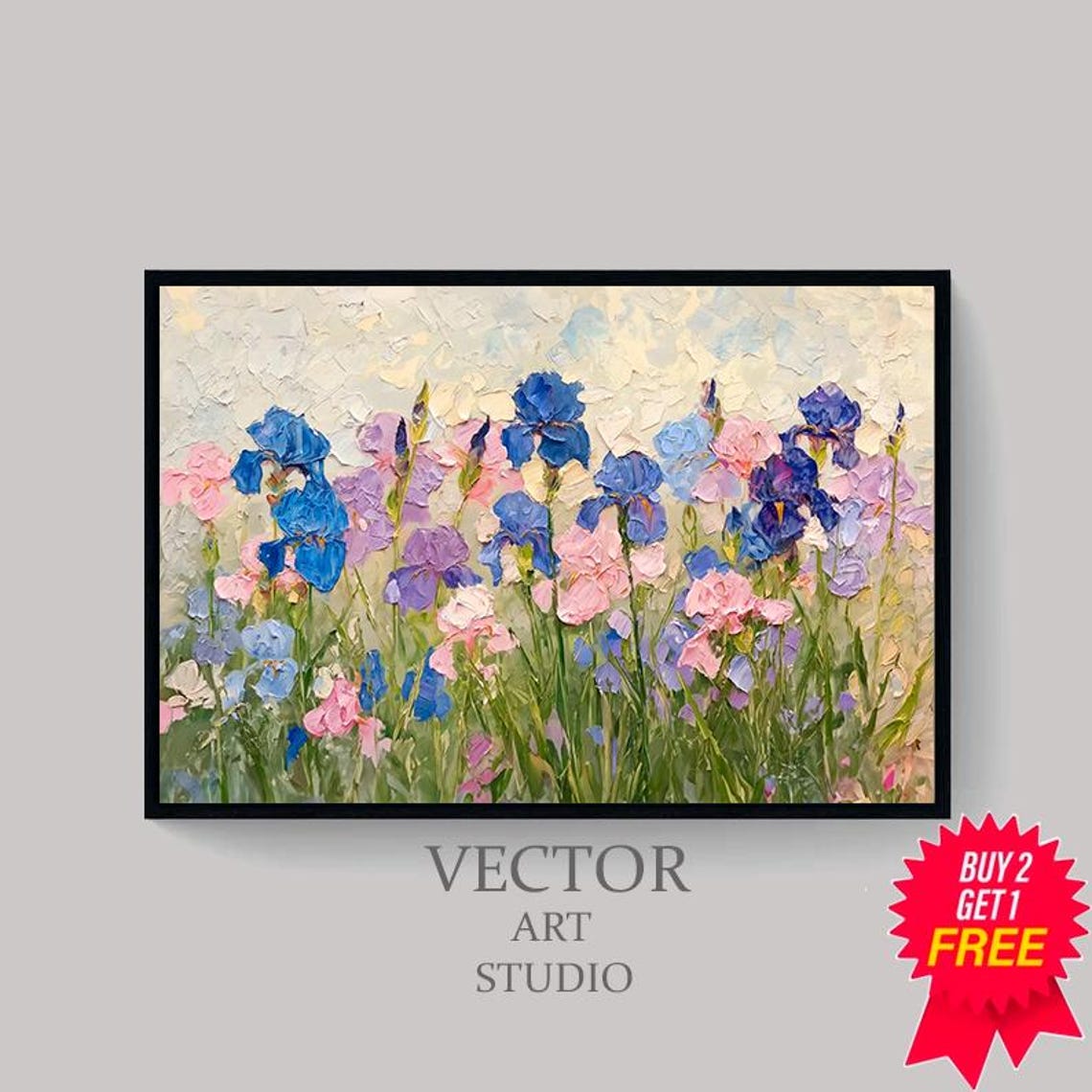 Blue And Pink Irises In Thick Impasto Spring Flower Art Poster - Image 4