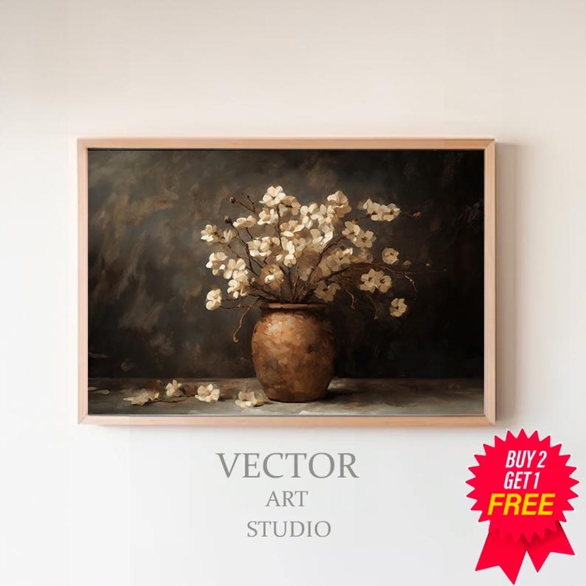 White Blossoms In Rustic Amber Vase Moody Dark Floral Poster