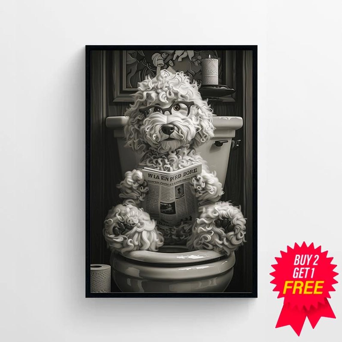 Black and White Funny Cockapoo with Glasses on the Toilet Poster - Image 4