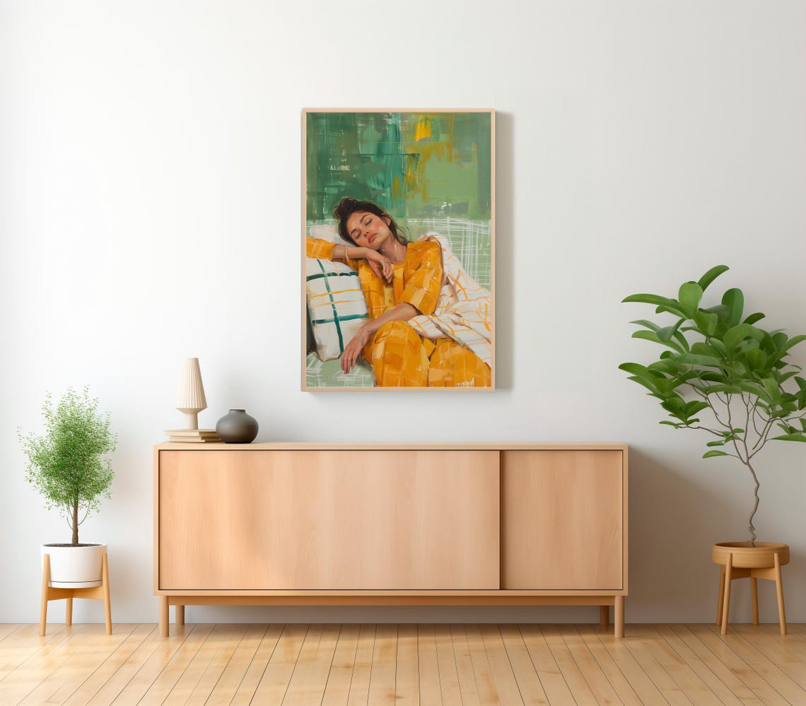 Woman in Mustard Pajamas Resting Peacefully on a Pillow Poster - Image 2