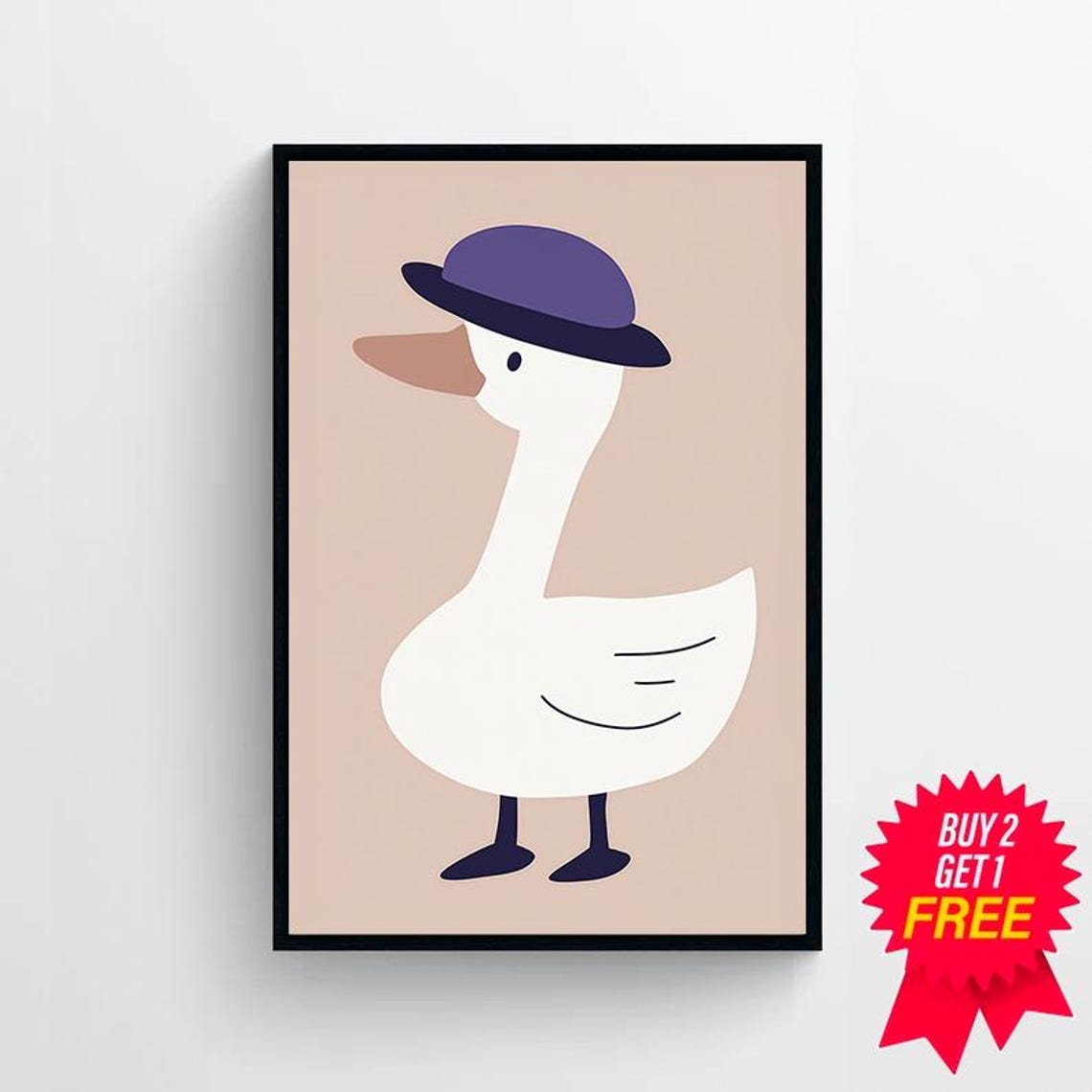 Cute White Goose in Purple Bowler Hat Minimalist Nursery Poster - Image 4