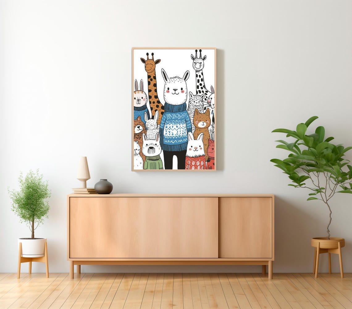 Smiling Cartoon Animals in Cozy Knitted Sweaters Kids Nursery Poster - Image 2