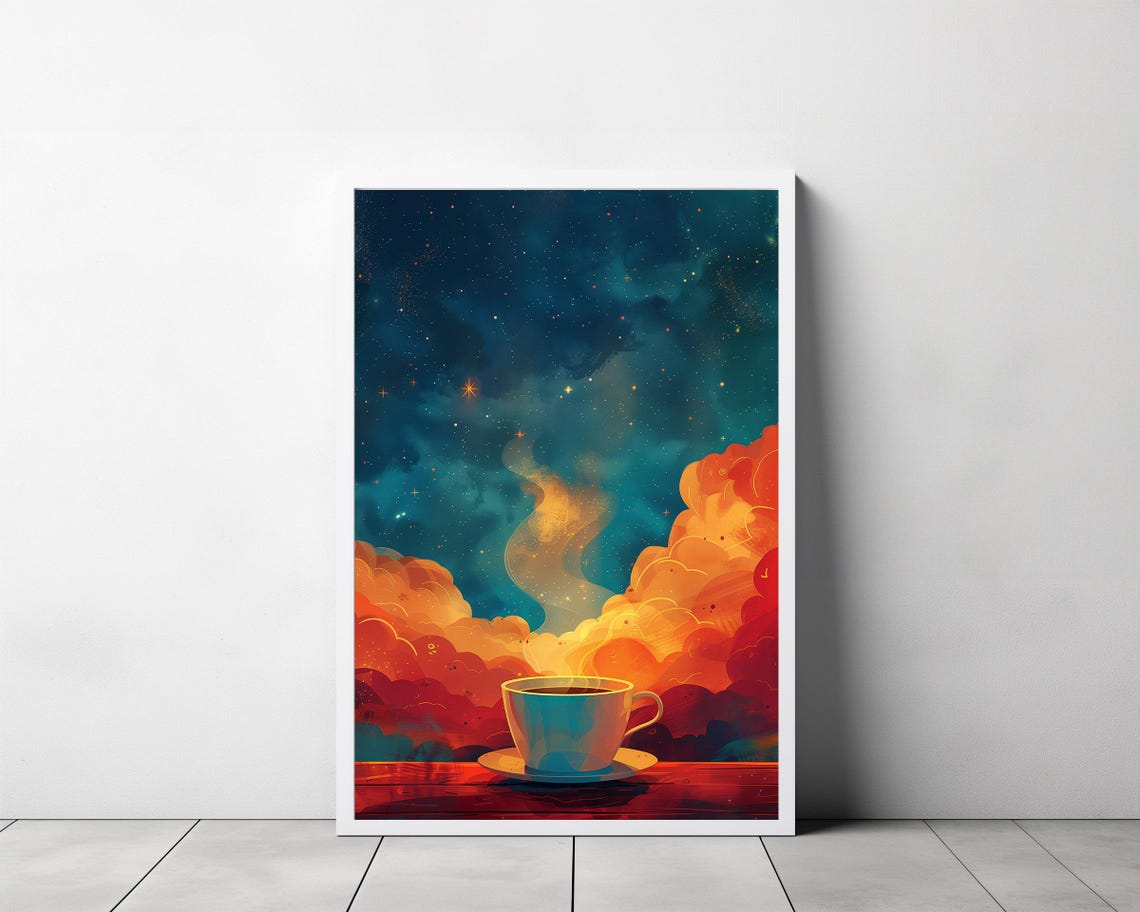 Coffee Cup At Sunrise Among Fiery Orange Clouds Cosmic Art Poster - Image 3