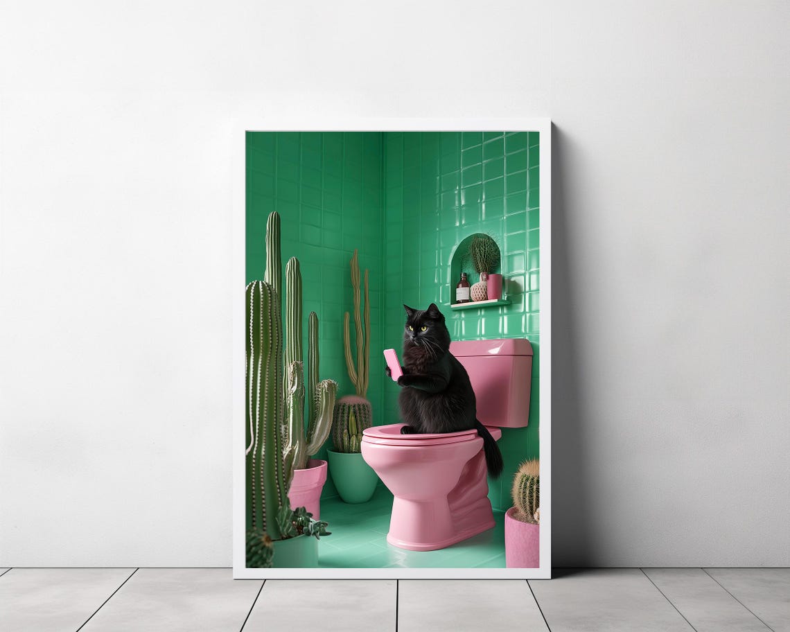 Funny Black Cat Sitting on a Pink Toilet Scrolling Phone Poster - Image 3