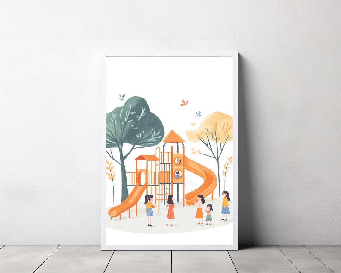 Happy Kids Playing on an Orange Playground Slide Illustration Poster - Image 3