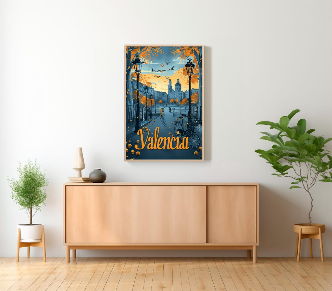 Valencia Spain Vintage Travel Poster With Bicycles At Sunset - Image 2