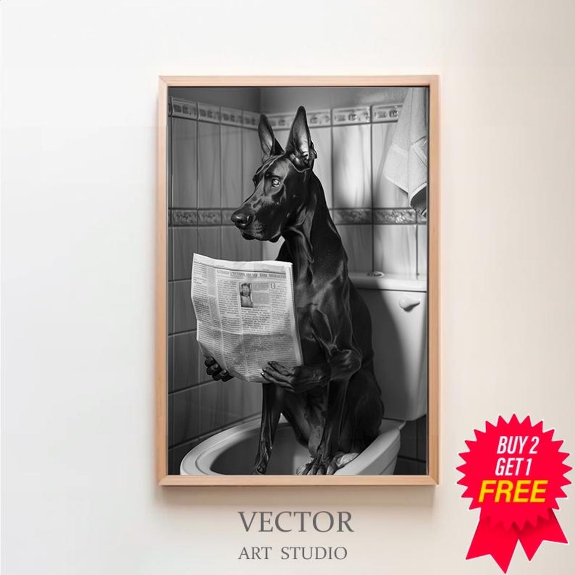Great Dane Reading Newspaper on Toilet Funny Bathroom Photo Poster