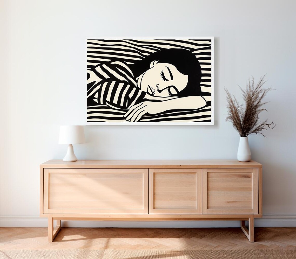 Sleeping Woman on Bold Striped Bed Black White Graphic Pop Art Style Poster - Image 2