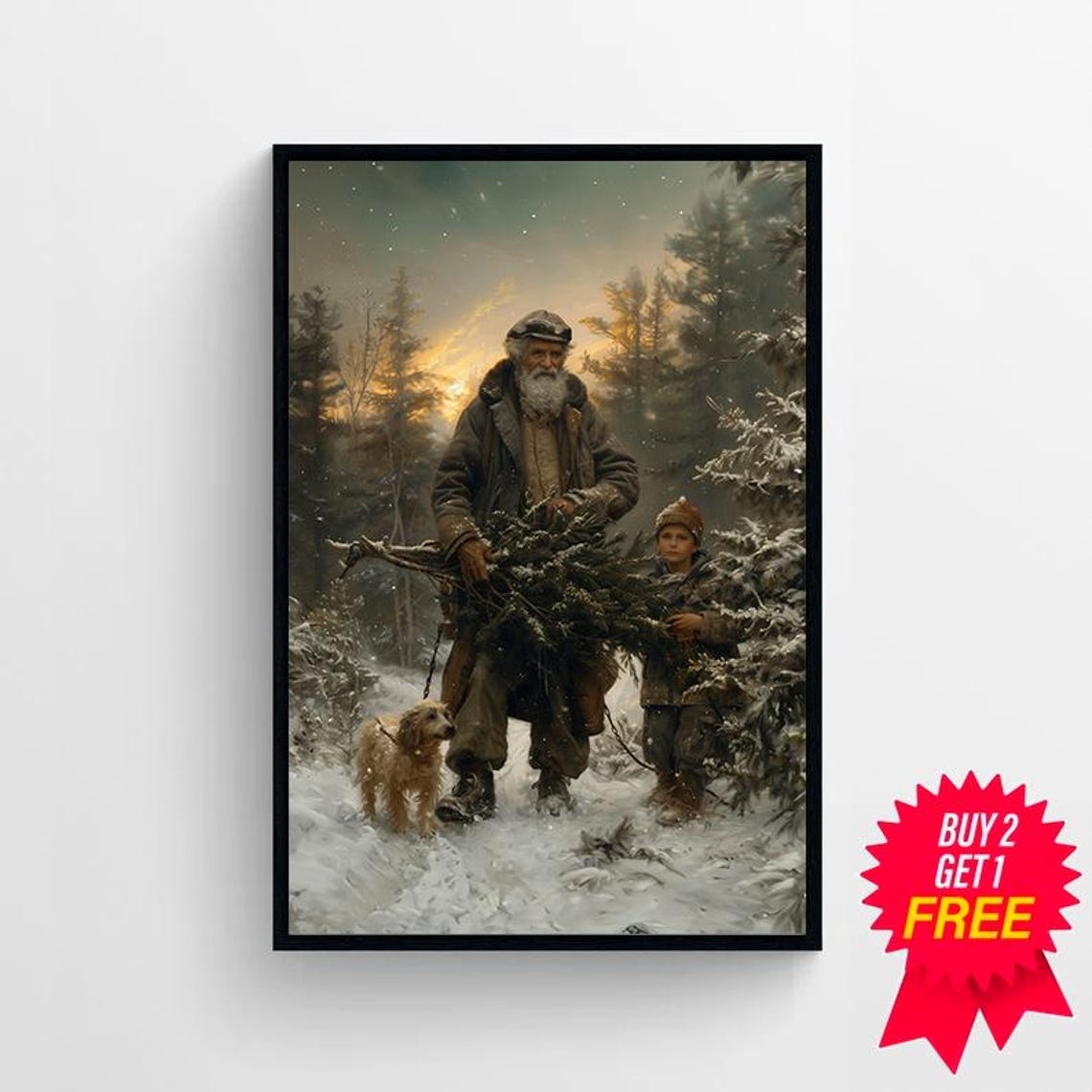 Vintage Christmas Scene Old Man Carrying Tree in Snowy Forest Poster - Image 4