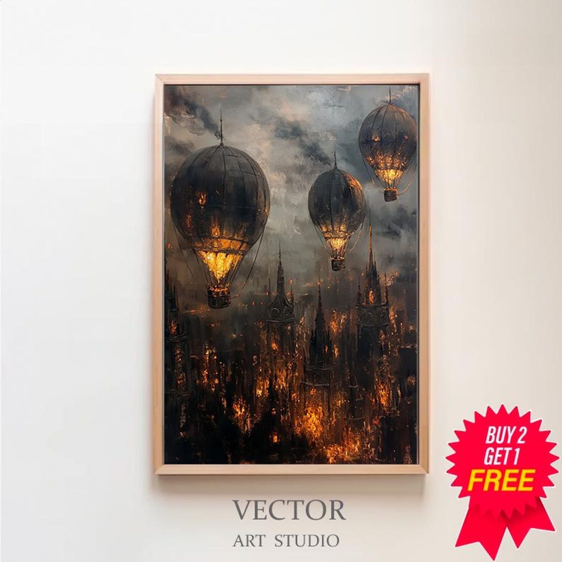 Glowing Steampunk Hot Air Balloons Over Burning Gothic City Poster