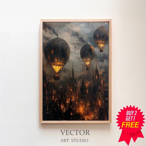 Glowing Steampunk Hot Air Balloons Over Burning Gothic City Poster