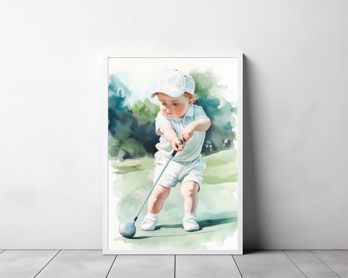 Toddler Golfer in White Lining Up a Putt on the Green Poster - Image 3