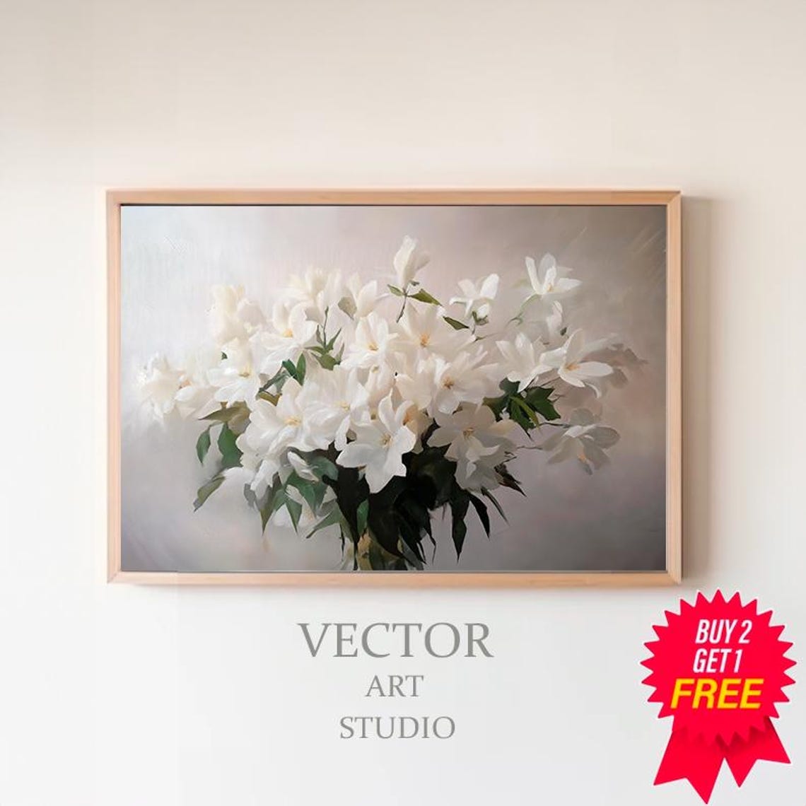 White Blossom Bouquet On Soft Gray Oil Painting Floral Poster