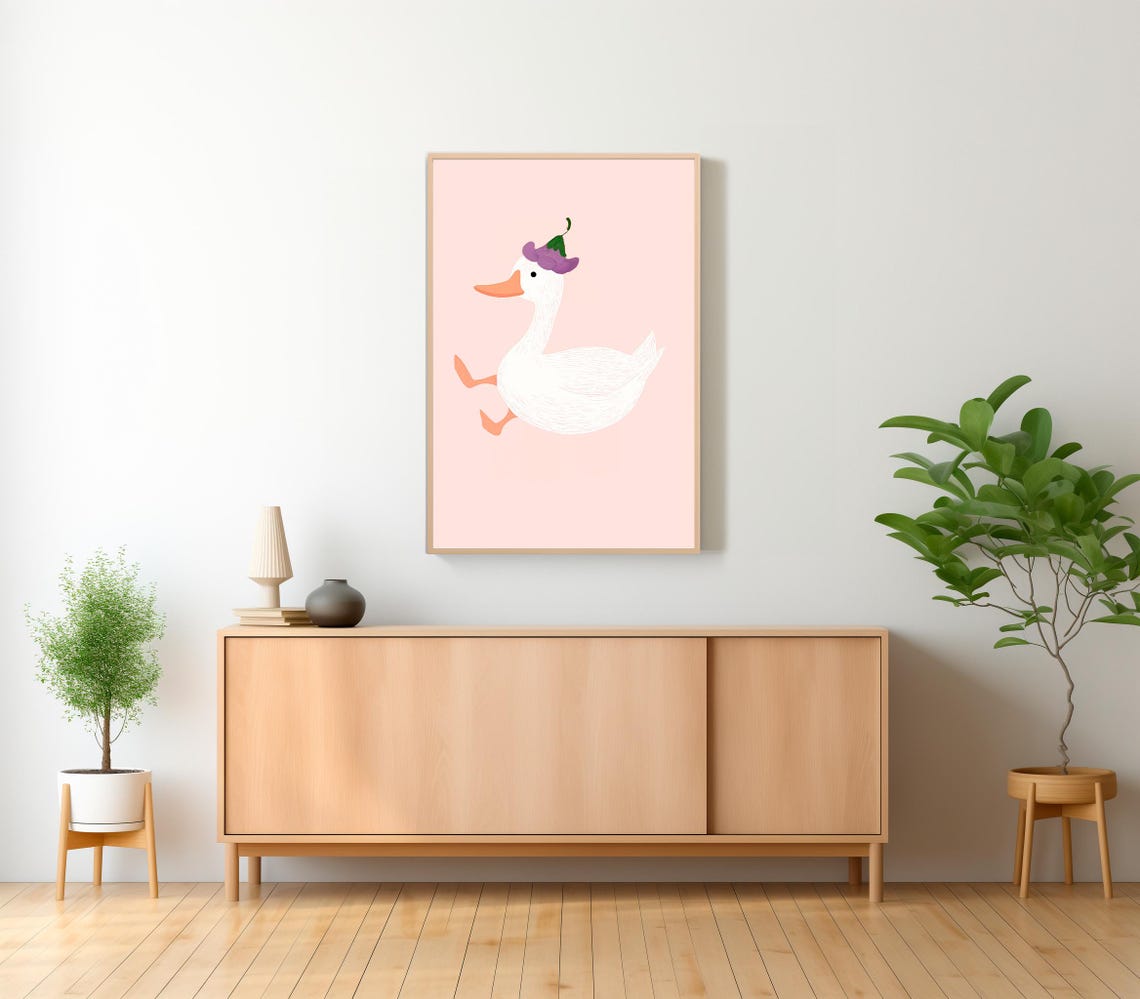 Cute White Duck With Purple Flower Hat on Pink Nursery Poster - Image 2