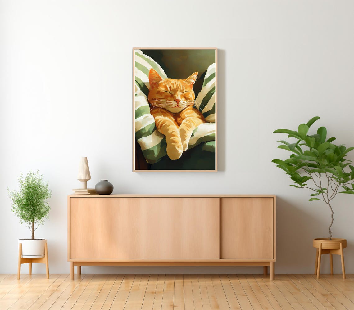 Smiling Orange Cat Napping With Paws Crossed on Striped Pillow Poster - Image 2