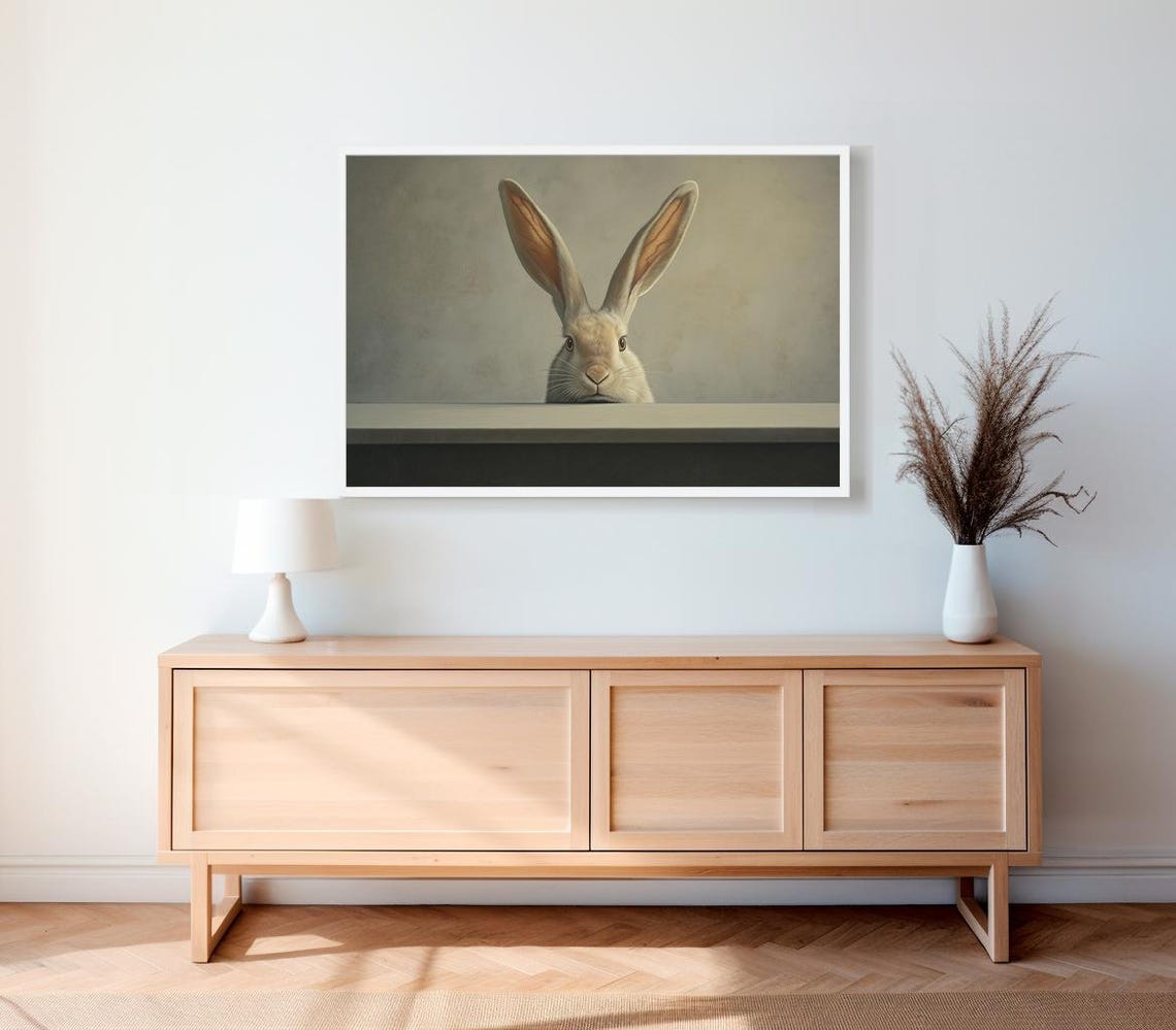 Cream Bunny with Tall Ears Peeking Over a Wooden Ledge Poster - Image 2