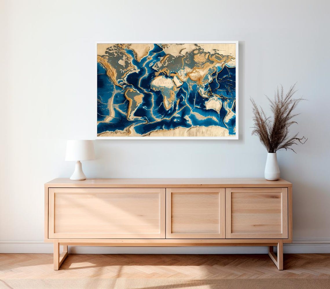 Ocean Floor Topographic World Map in Navy Blue and Gold Tones Poster - Image 2