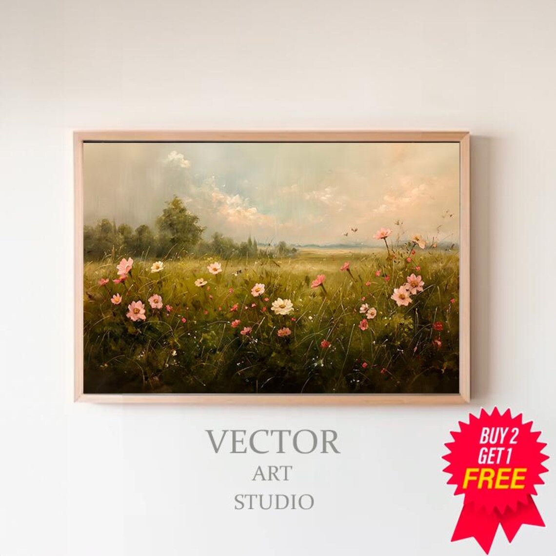 Spring Wildflower Meadow Vintage Oil Painting Landscape Poster