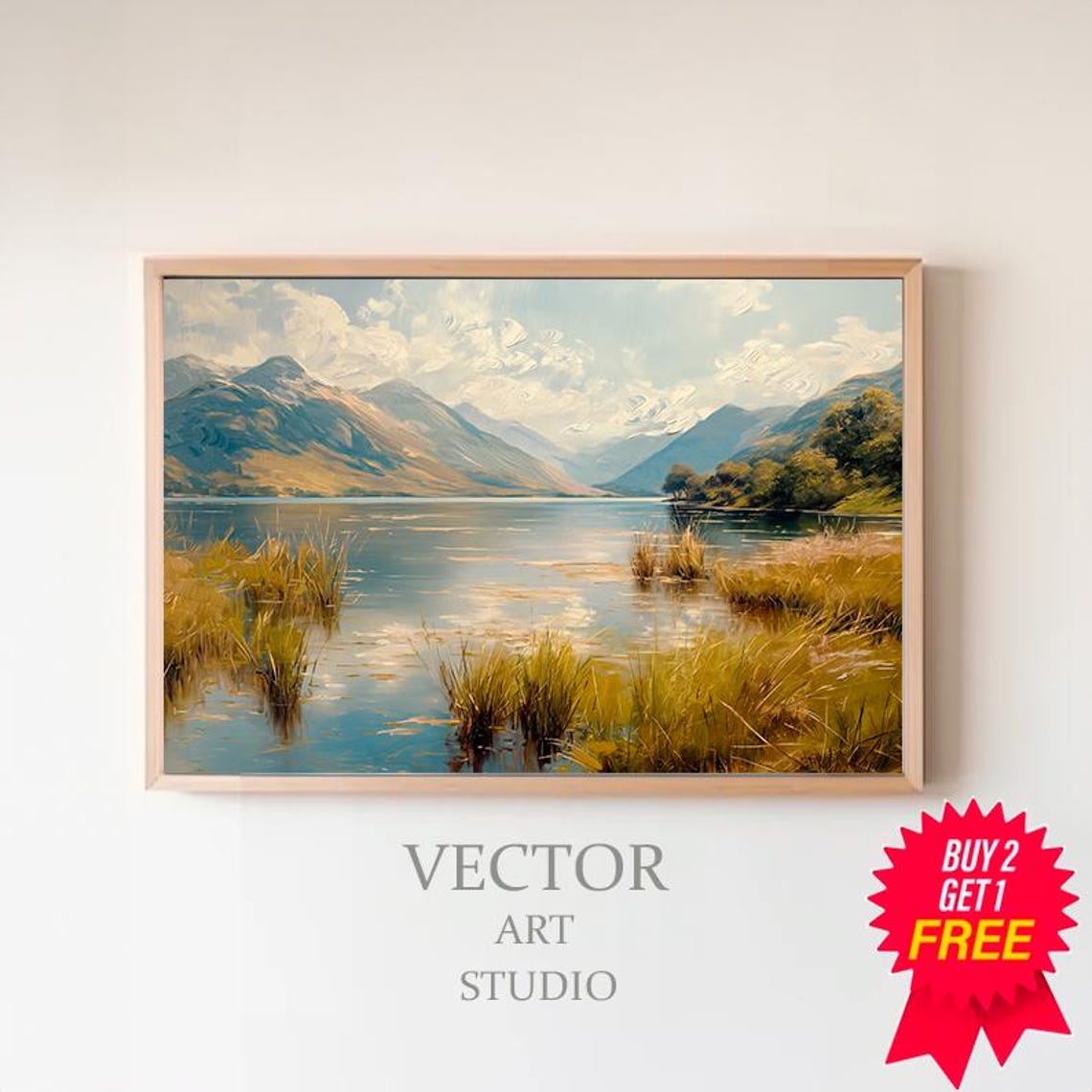 Still Mountain Lake with Golden Reeds in Dreamy Landscape Poster