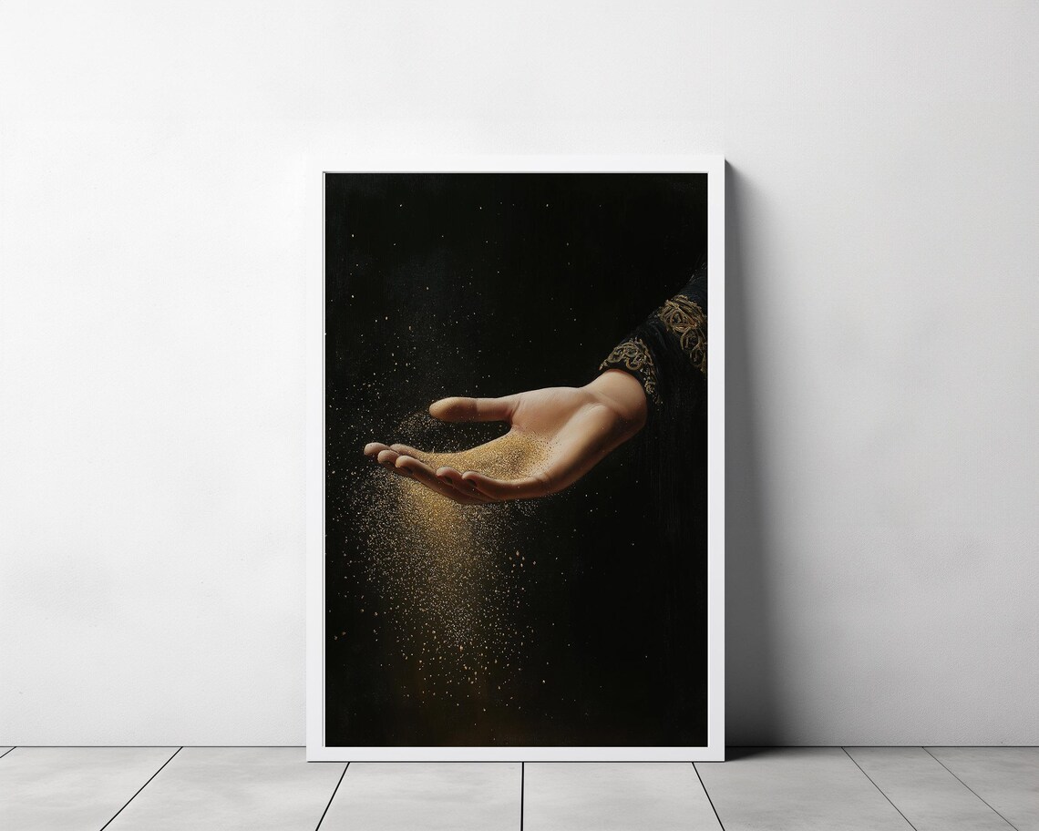 Hand Releasing Golden Stardust Against a Midnight Black Canvas Art Poster - Image 3