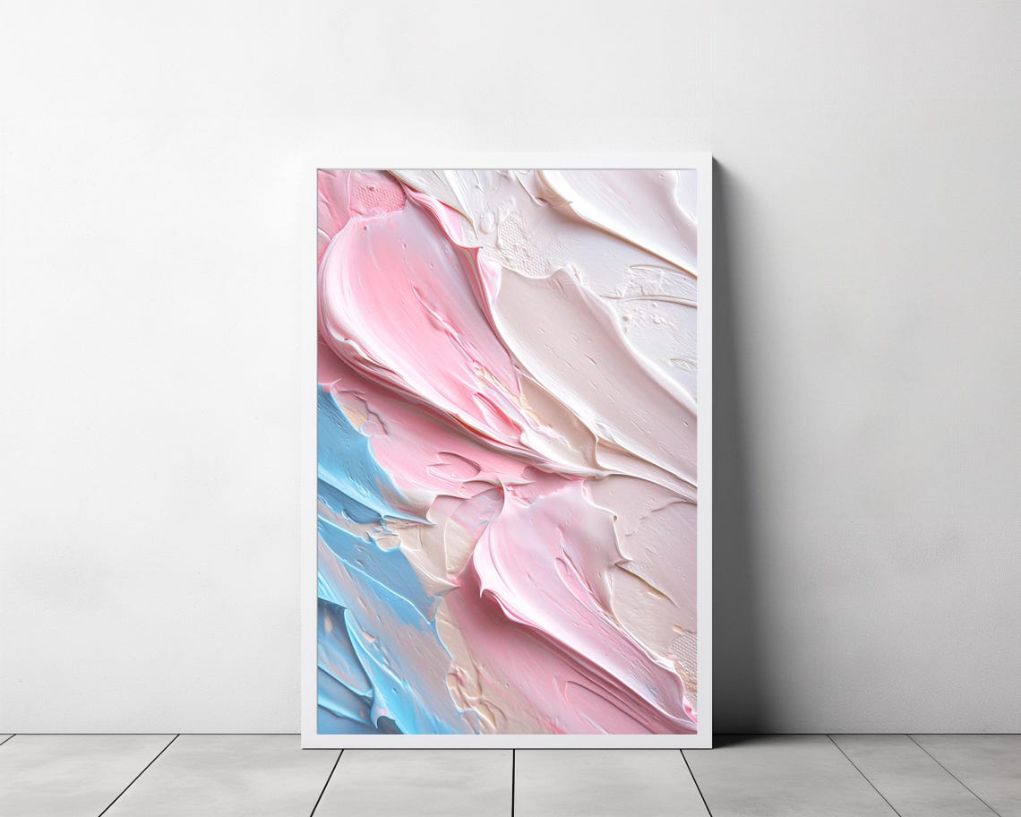 Soft Pastel Pink and Blue Abstract Impasto Textured Wall Art - Image 3