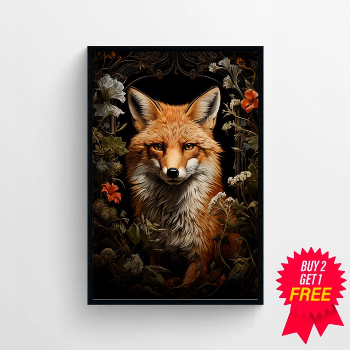 Red Fox Portrait in Dark Moody Floral Frame Wildlife Decorative Art Poster - Image 4