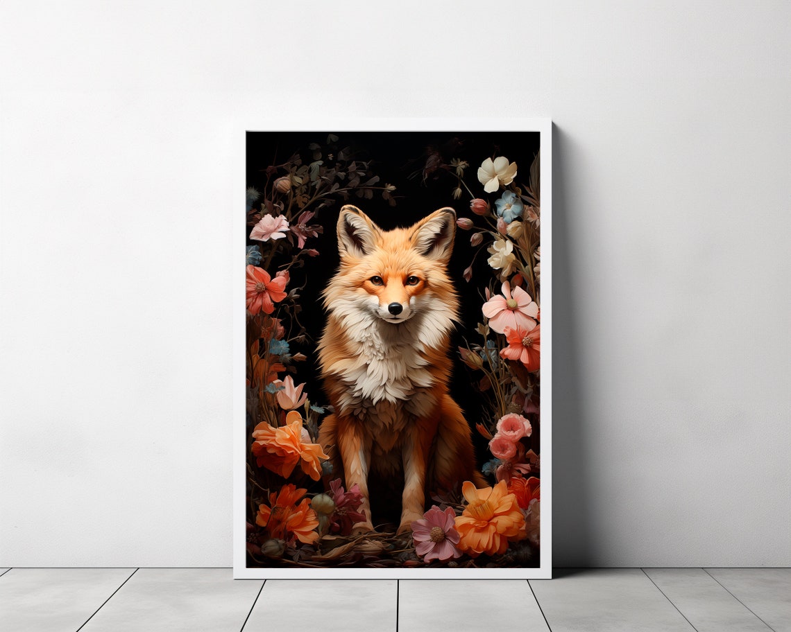 Red Fox Sitting Among Colorful Flowers Dark Floral Wildlife Art Poster - Image 3