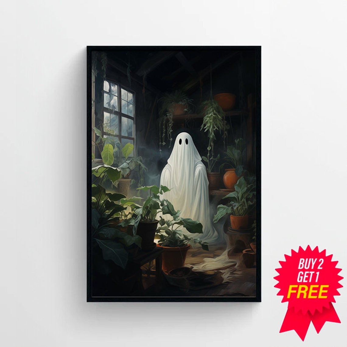 Plant Loving Ghost Standing in a Moody Greenhouse Conservatory Poster - Image 4