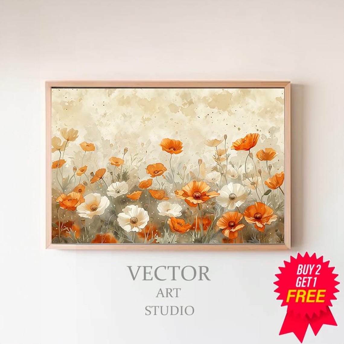 Orange and White Poppies in Watercolor Soft Floral Meadow Poster