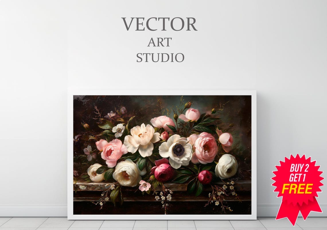 Moody Dark Floral Still Life Roses on Stone Ledge Vintage Poster - Image 3