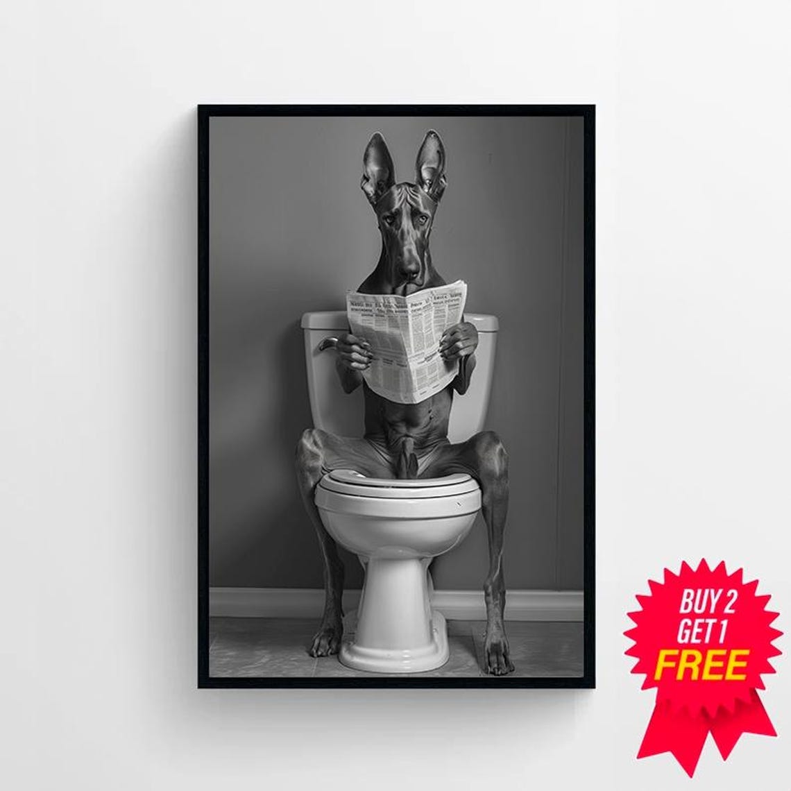 Doberman Reading Newspaper on Toilet Funny Dog Bathroom Photo Poster - Image 4