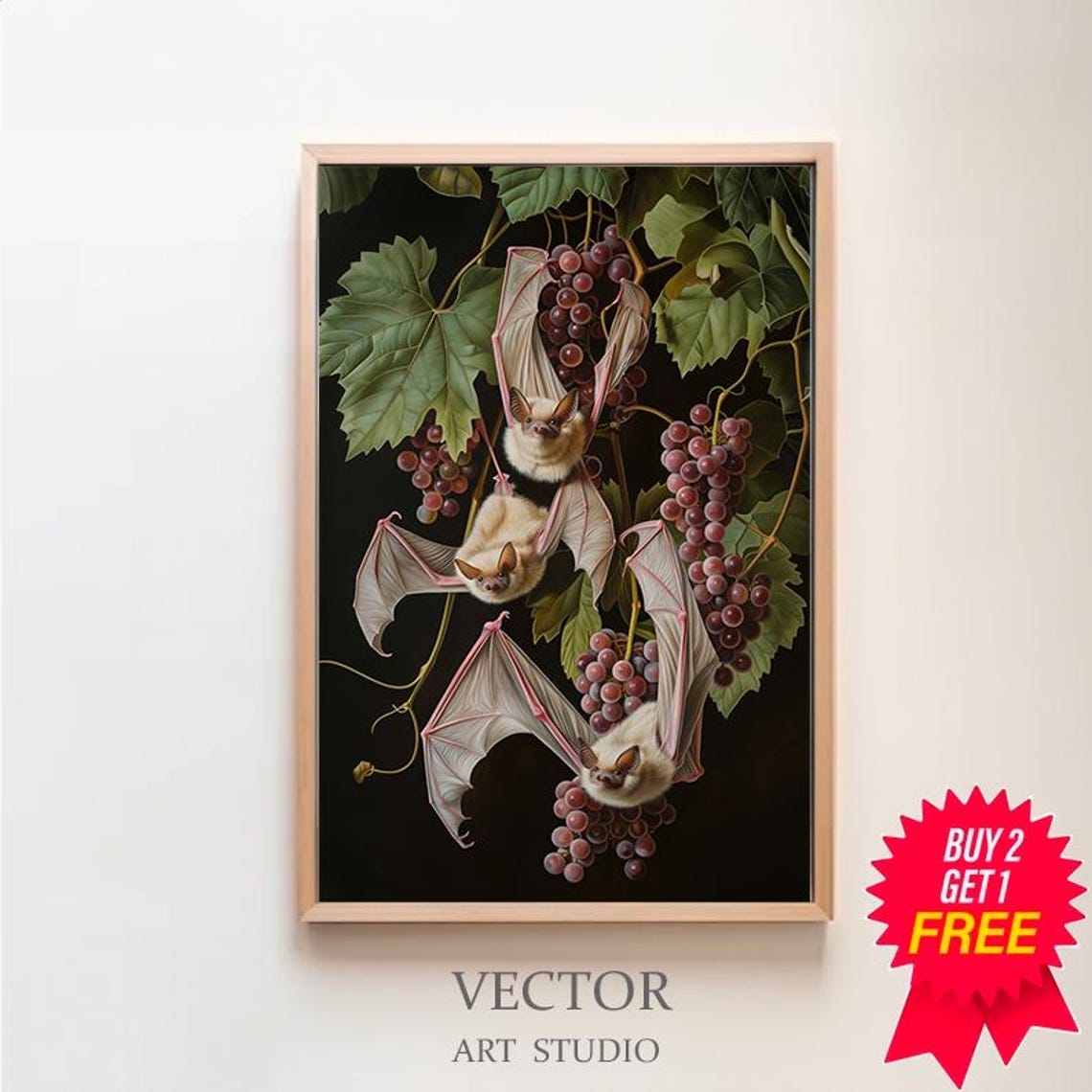 Three White Bats Hanging Among Purple Grapes Dark Botanical Art Poster