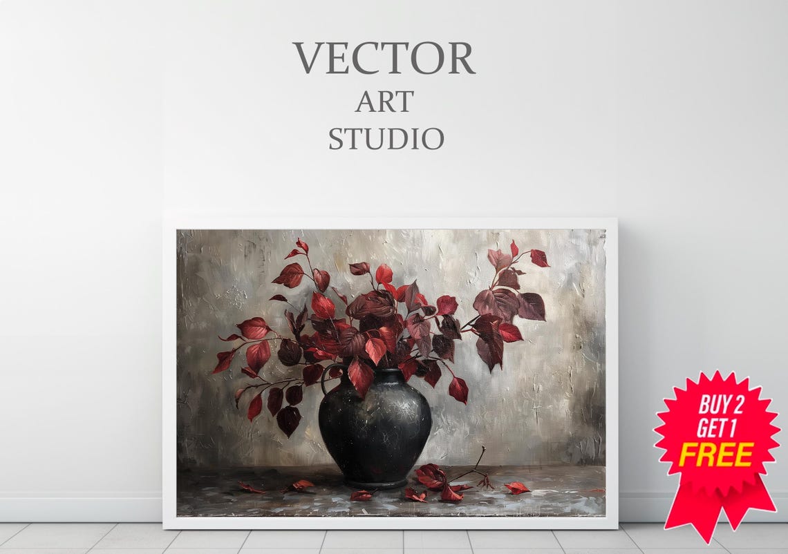 Burgundy Branches Painting Art Moody Floral Art Vintage Fall Artwork - Image 3