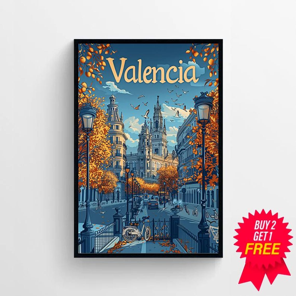 Valencia Spain Retro Travel Poster Autumn Orange Street Scene - Image 4