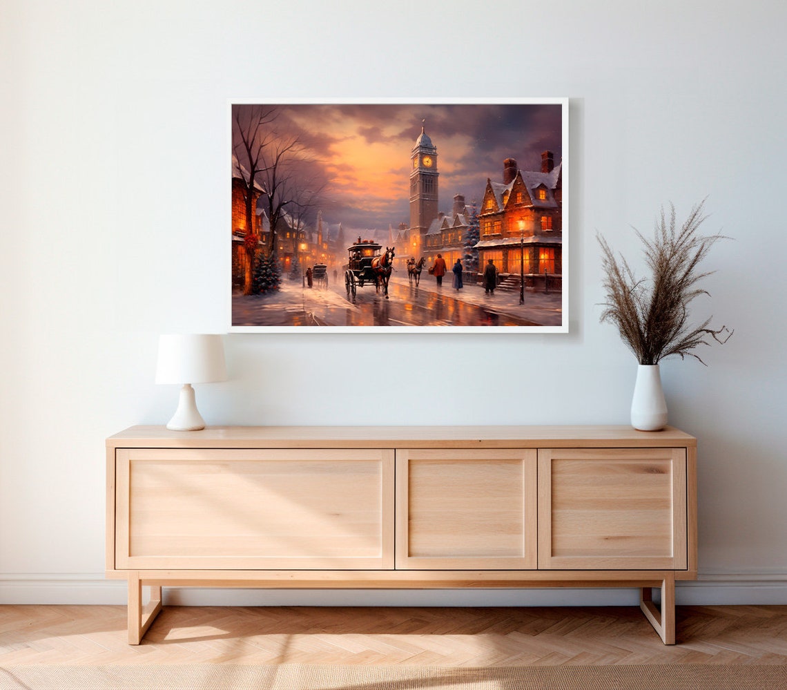 Victorian Christmas Town at Dusk With Clock Tower and Carriage Poster - Image 2