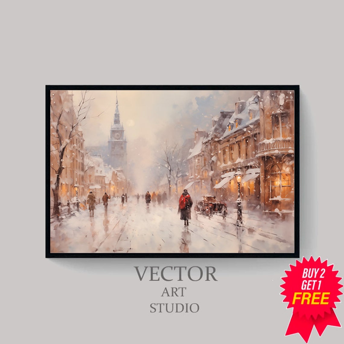 Snowy European Street Scene With Clock Tower at Night Poster - Image 4